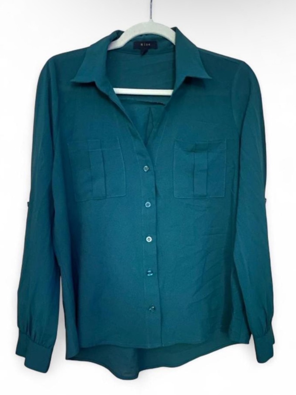 mine Emerald Green Semi Sheer Long Sleeve Collared Button Down Blouse Size L